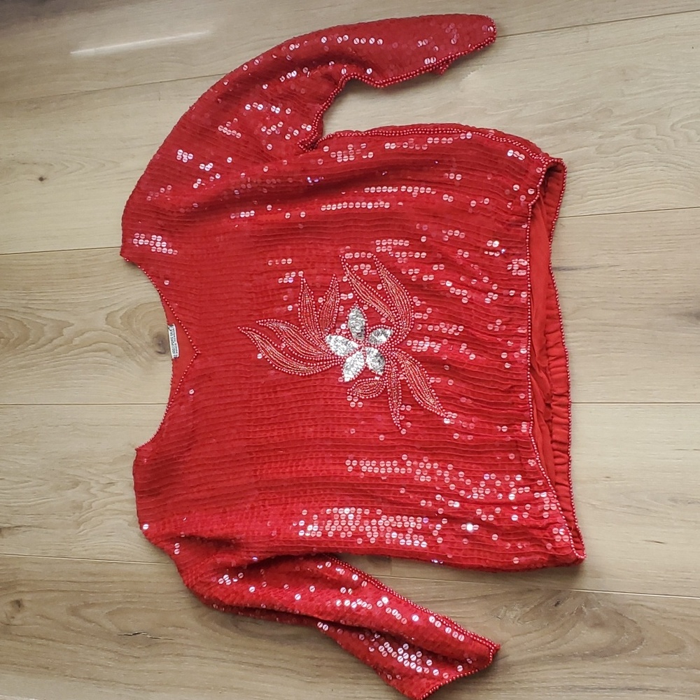 Vintage Silk Hand Beaded Crop Sleeve Blouse Size S